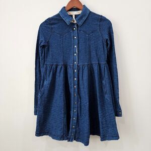 Free People Chambray Snap Button Dress XS Blue Denim Western Cowgirl  Oversized